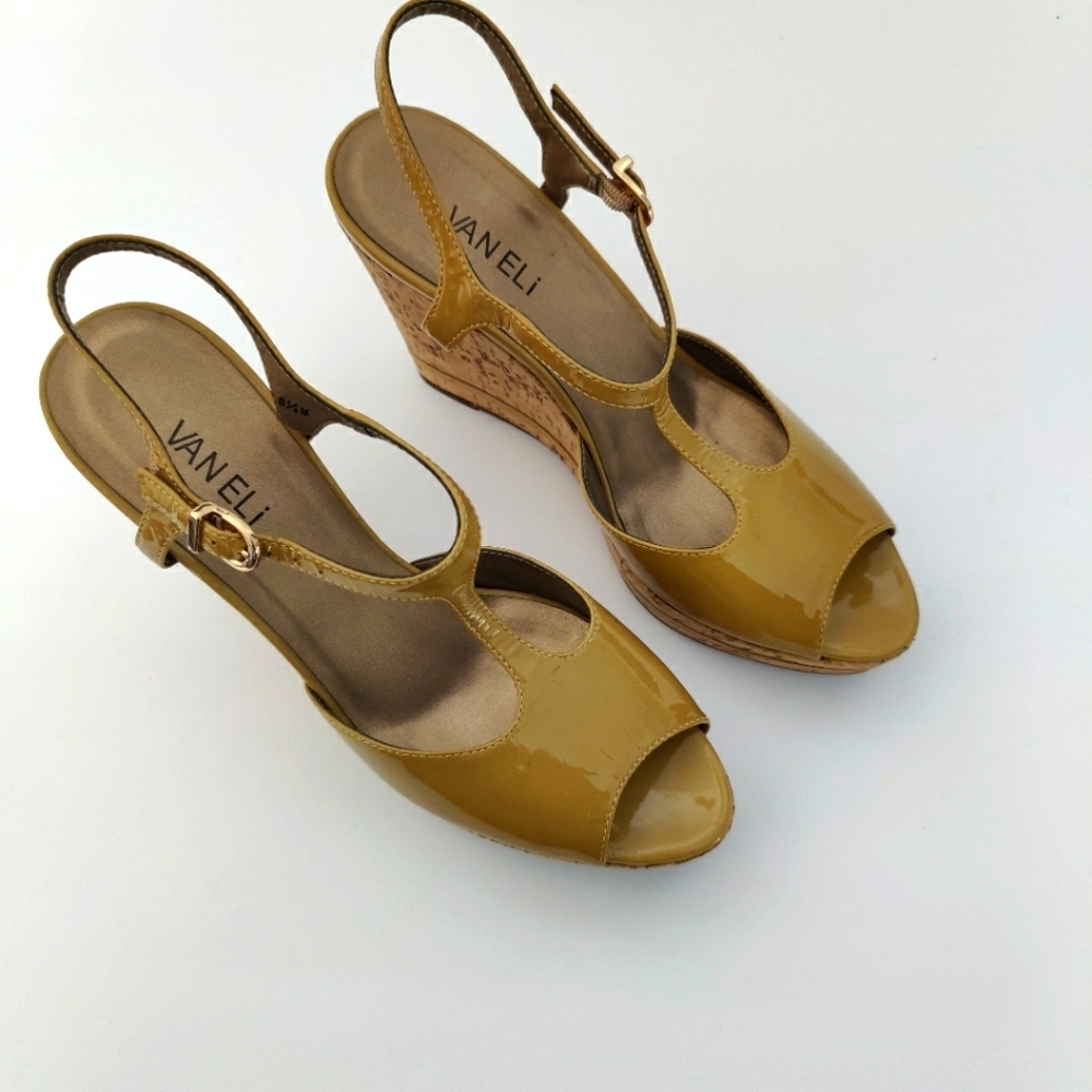 Vaneli yellow Patent Leather Wedge Sandals